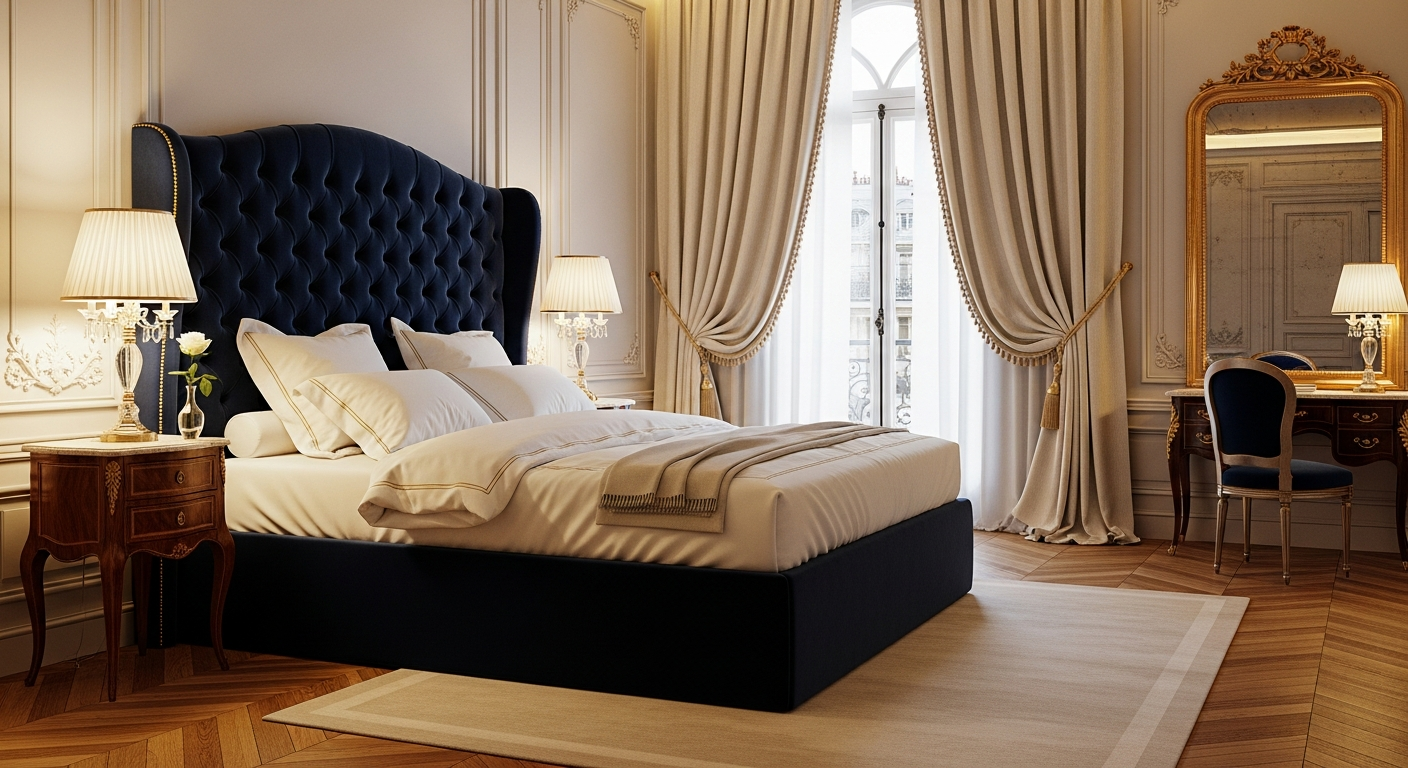 AI_IMAGE: A luxurious classic Parisian bedroom with an upholstered velvet headboard in deep navy blue, crisp white linen bedding with gold piping, ornate bedside tables with crystal lamps, tall windows with flowing cream drapes, herringbone oak floors, warm golden ambient lighting, a sense of intimate grandeur and quietude | photorealistic | landscape