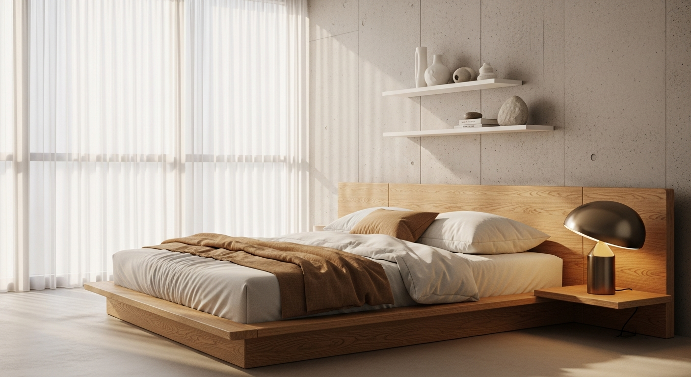 AI_IMAGE: A contemporary minimalist luxury bedroom with low platform bed in natural oak, soft white and warm sand-toned bedding, floor-to-ceiling sheer curtains with soft diffused light, a sculptural bedside lamp in brushed brass, floating shelves with art objects, polished concrete accent wall, an atmosphere of zen-like calm and warmth | photorealistic | landscape