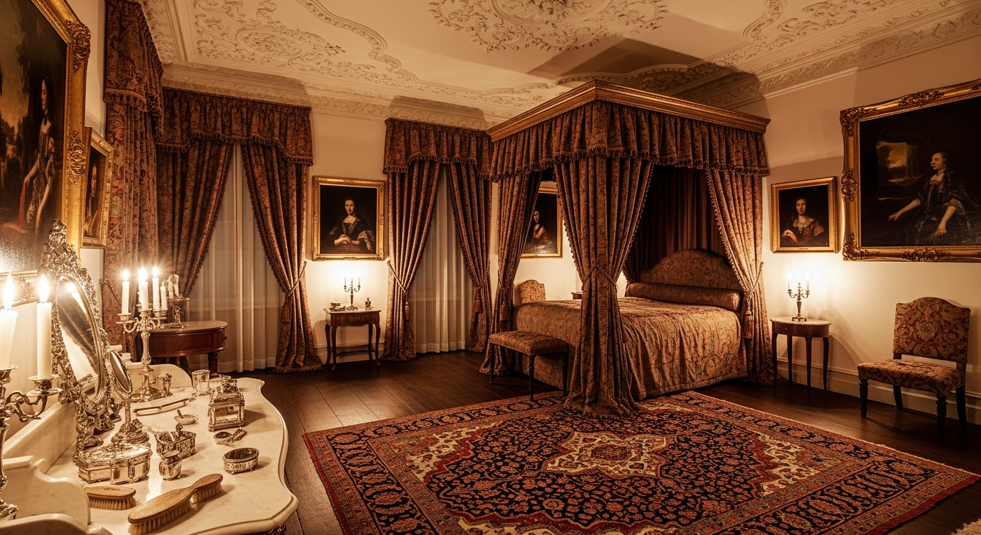 AI_IMAGE: A grand heritage bedroom with a four-poster canopy bed draped in silk, antique Persian rug on dark wood floors, ornate plasterwork ceiling, a marble-topped vanity with antique silver accessories, heavy brocade curtains in deep burgundy and gold, oil paintings on walls, warm candlelight ambiance, museum-quality furnishings | photorealistic | landscape