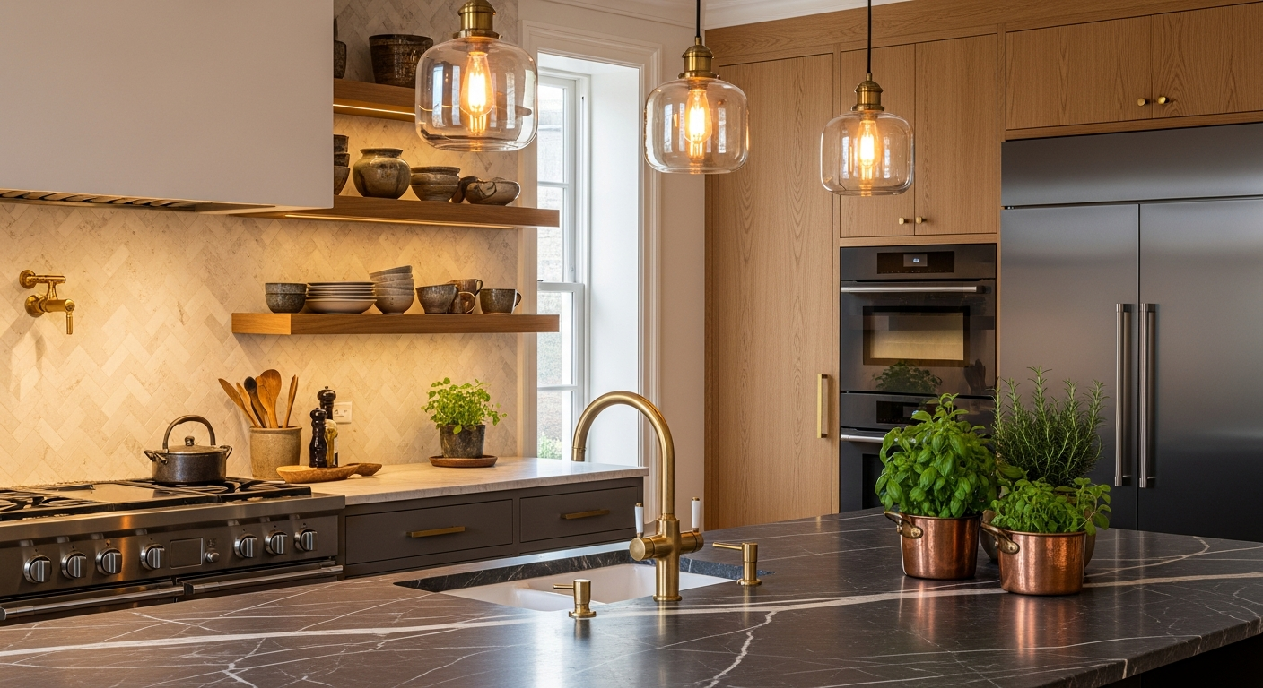 AI_IMAGE: A stunning modern luxury kitchen with dark charcoal marble island countertop, integrated brass fixtures, warm oak open shelving displaying artisan ceramics, professional-grade appliances in matte black, pendant lights with hand-blown glass shades, herringbone backsplash in cream stone, warm ambient under-cabinet lighting, fresh herbs in copper pots, the space feels both functional and deeply elegant | photorealistic | landscape