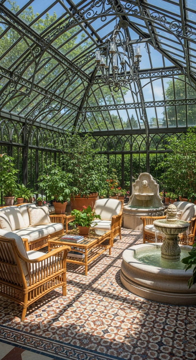 AI_IMAGE: A light-filled conservatory living space with wrought iron framed glass ceiling, lush green plants in terracotta pots, rattan furniture with cream cushions, a small fountain, mosaic tile floor in geometric pattern, dappled sunlight creating beautiful shadow patterns, Mediterranean villa atmosphere of relaxed elegance | photorealistic | portrait