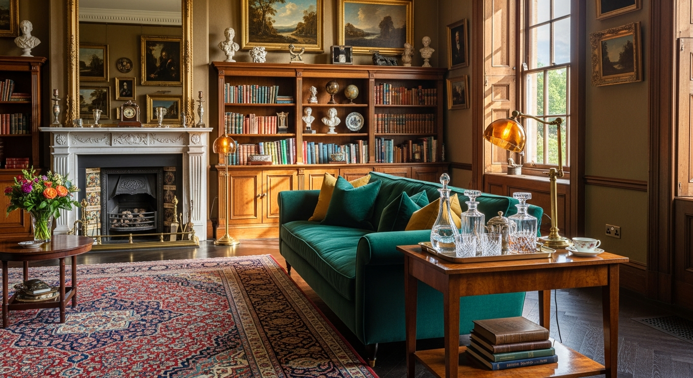 AI_IMAGE: An opulent drawing room with floor-to-ceiling bookshelves flanking a marble fireplace, deep emerald green velvet sofa, brass floor lamp, Persian carpet on dark parquet, afternoon golden light through tall sash windows, oil paintings in ornate frames, crystal decanters on a burled walnut side table, rich warm atmosphere of intellectual luxury | photorealistic | landscape