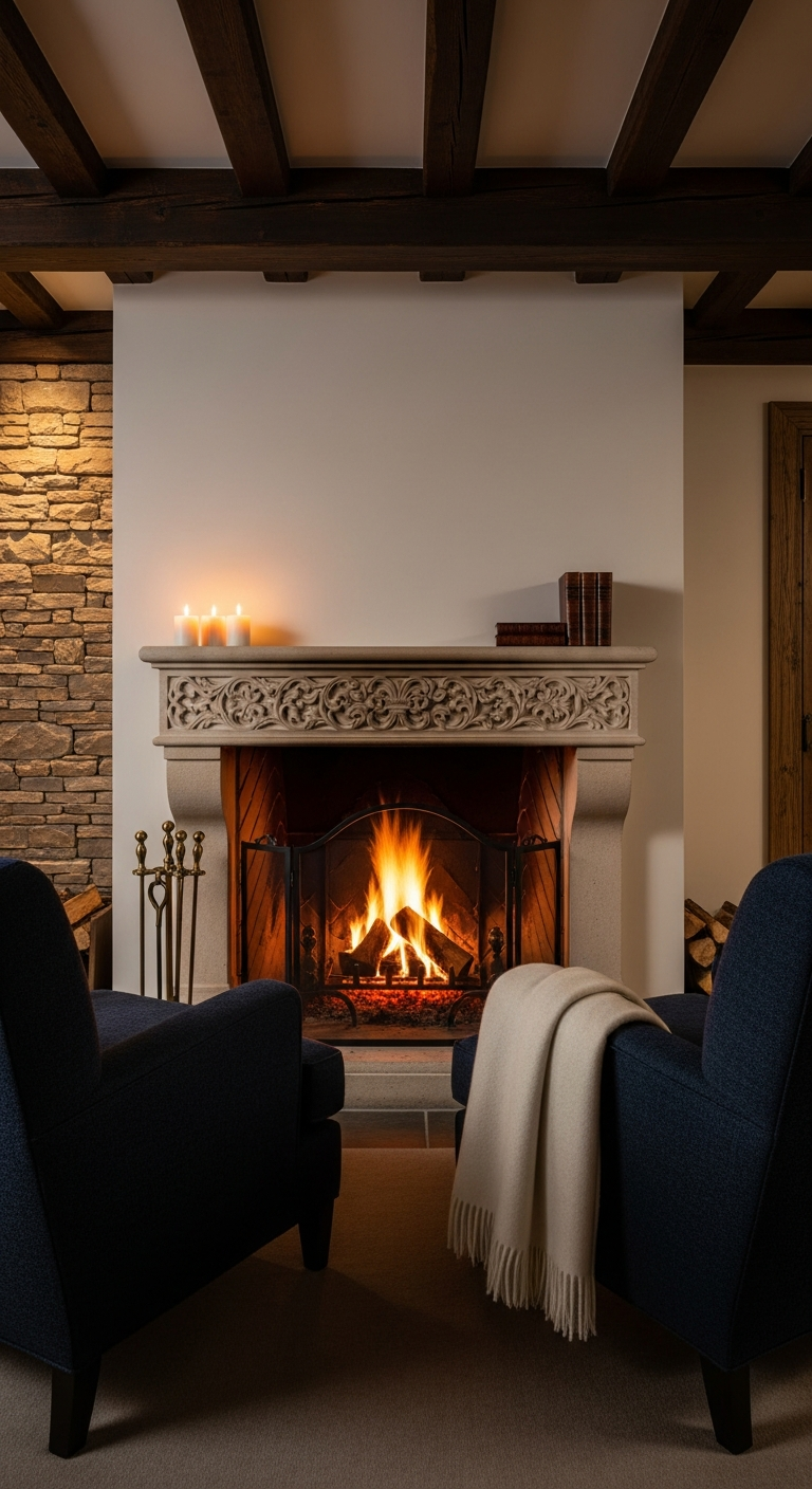 AI_IMAGE: A cozy fireside retreat with a crackling fireplace in carved stone surround, two deep armchairs in midnight blue mohair, a cashmere throw draped over one arm, antique brass fireplace tools, candlelight on the mantle, exposed timber beams overhead, stone walls with warm plaster, intimate mountain lodge luxury atmosphere | photorealistic | portrait