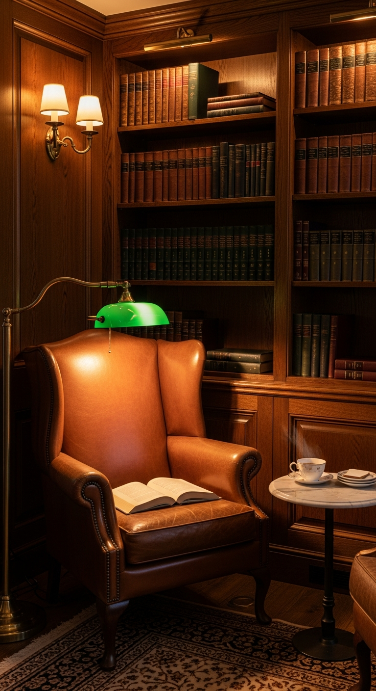 AI_IMAGE: An intimate library lounge corner with a leather wingback chair in cognac brown, brass reading lamp, built-in oak bookshelves filled with leather-bound volumes, a small round marble side table with a cup of tea, rich dark wood paneling, warm amber lighting creating pools of light, scholarly comfort and quiet luxury | photorealistic | portrait