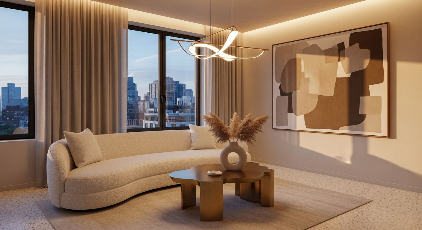 AI_IMAGE: A refined modern salon with curved cream bouclé sofa, sculptural brass coffee table, large abstract artwork in muted earth tones, floor-to-ceiling windows with linen curtains, terrazzo flooring, architectural pendant light, minimalist yet warm and inviting atmosphere, a single statement ceramic vase with dried pampas grass | photorealistic | landscape