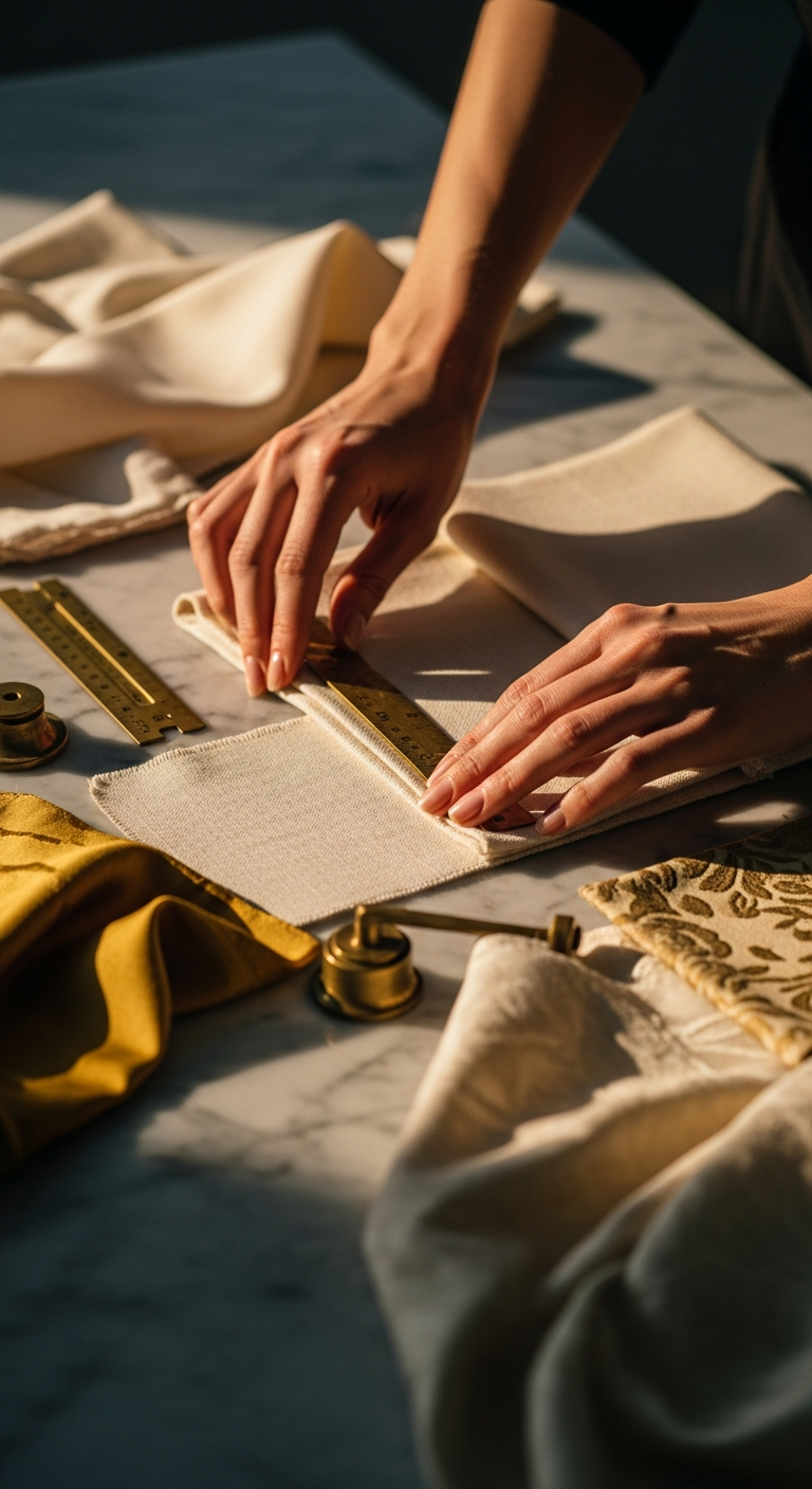 AI_IMAGE: An elegant portrait of sophisticated hands arranging fabric swatches on a marble surface, warm golden hour side lighting, shallow depth of field, only hands and materials visible, cream and gold toned fabrics, brass measuring tools, the atmosphere conveys careful craftsmanship and refined taste, editorial fashion photography style | photorealistic | portrait