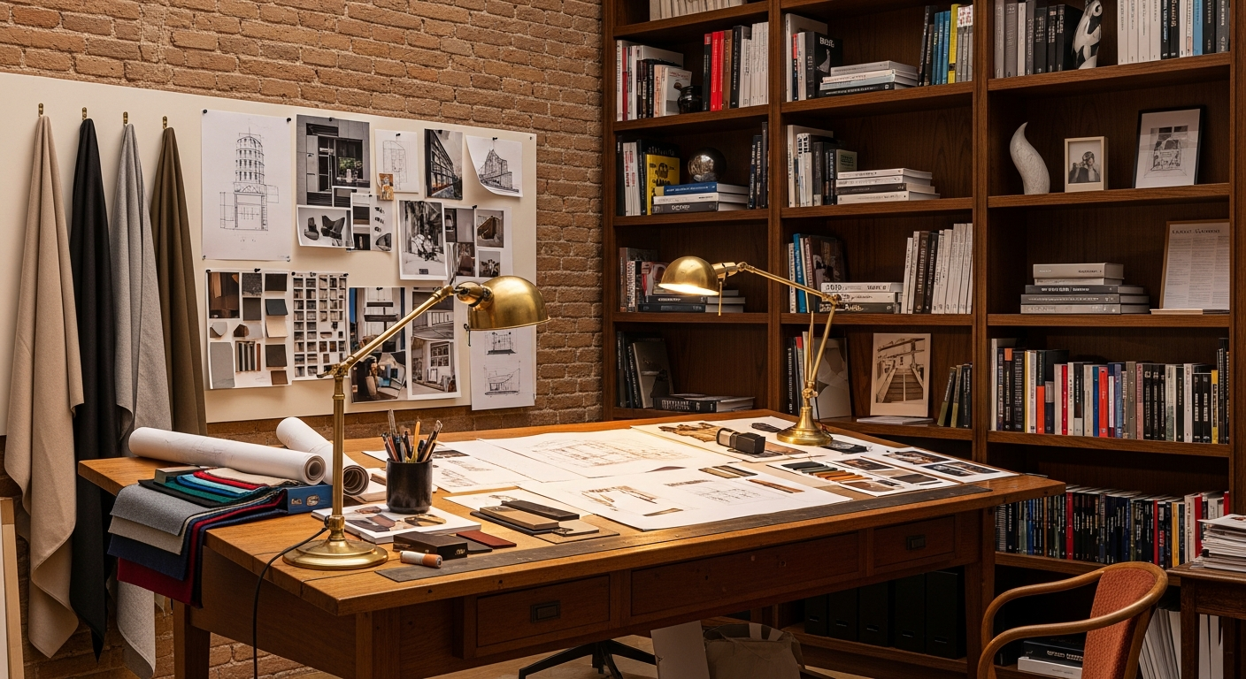 AI_IMAGE: A refined Milanese design atelier workspace with a large wooden drafting table, fabric swatches and material samples, architectural drawings pinned to walls, brass desk lamp, floor-to-ceiling bookshelves with art books, exposed brick wall with soft warm lighting, creative sophisticated workspace atmosphere | photorealistic | landscape