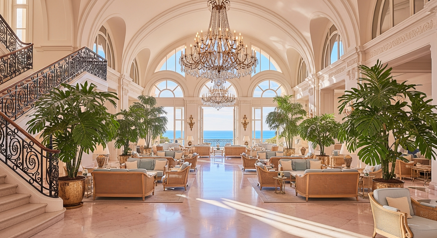 AI_IMAGE: A luxury hotel lobby on the French Riviera, high arched ceilings with chandelier, pale pink marble floors, rattan and brass furniture, lush tropical plants, Mediterranean light streaming through large windows, a grand staircase with wrought iron railing, resort elegance with vintage glamour atmosphere | photorealistic | landscape