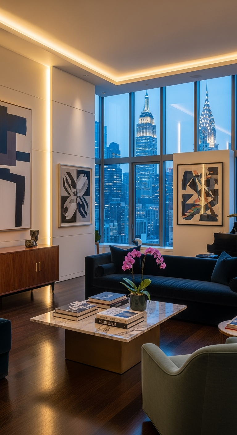 AI_IMAGE: A modern Manhattan penthouse with floor-to-ceiling windows overlooking city skyline at dusk, midnight blue velvet sofa, brass and marble coffee table, contemporary art on walls, warm indirect lighting, polished dark hardwood floors, a mix of mid-century modern and art deco furniture, sophisticated urban luxury | photorealistic | portrait