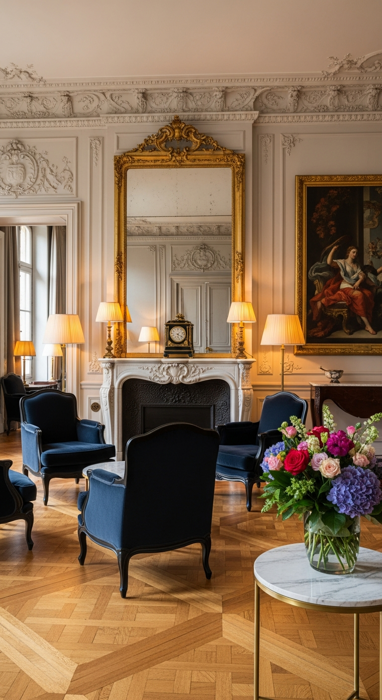 AI_IMAGE: A luxurious Parisian salon with tall ceilings, ornate crown molding, deep navy velvet armchairs, a gilded antique mirror above a marble fireplace, herringbone parquet floors, warm amber lighting from table lamps, fresh flowers on a marble side table, rich oil painting on wall, atmosphere of refined European elegance | photorealistic | portrait