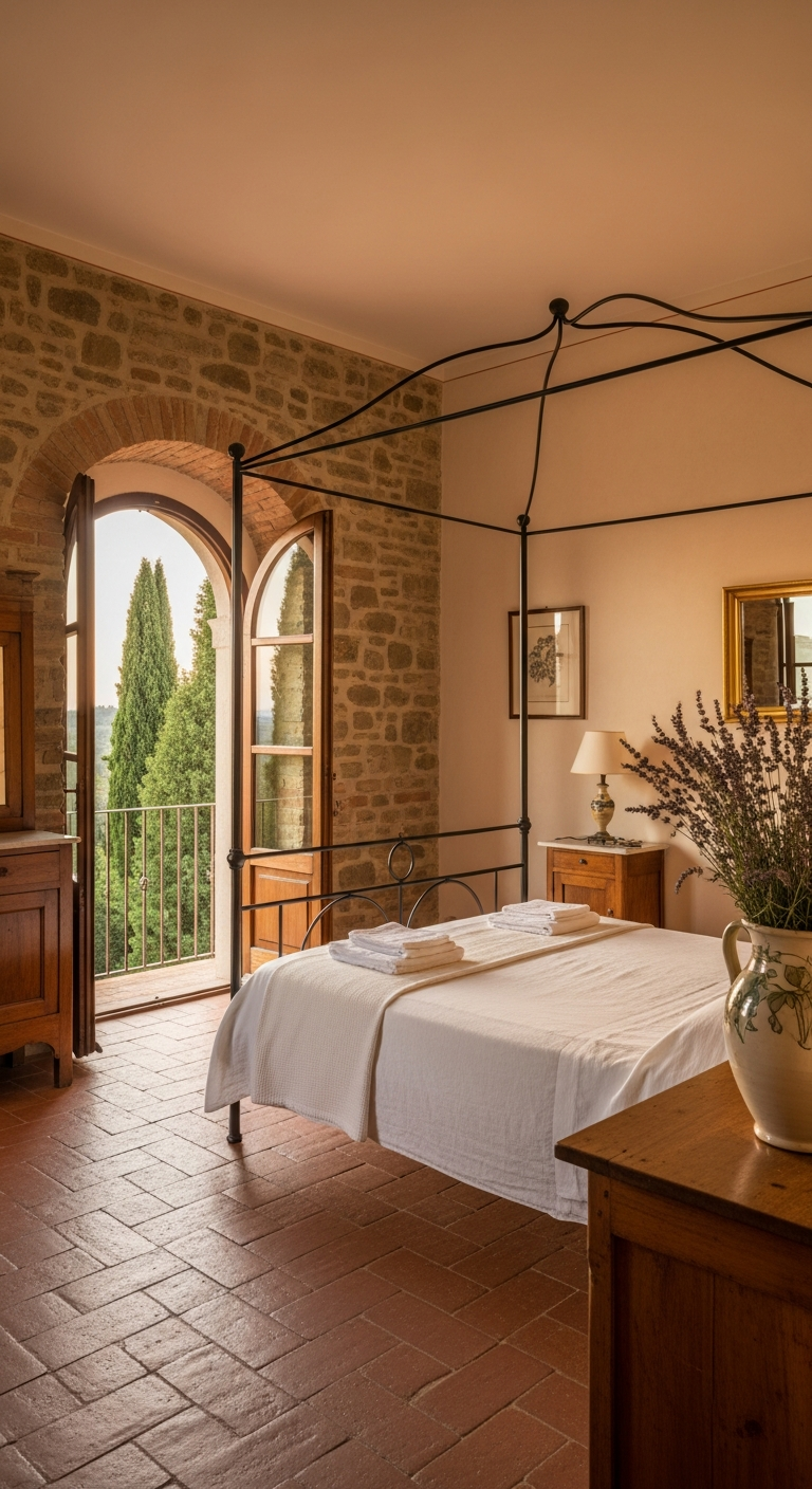 AI_IMAGE: An Italian villa bedroom with terracotta tiled floors, white linen bedding on an iron canopy bed, stone walls with warm plaster finish, arched doorway opening to a balcony with cypress tree views, warm golden afternoon light, rustic elegance with antique wooden furniture, a ceramic vase with wild lavender | photorealistic | portrait